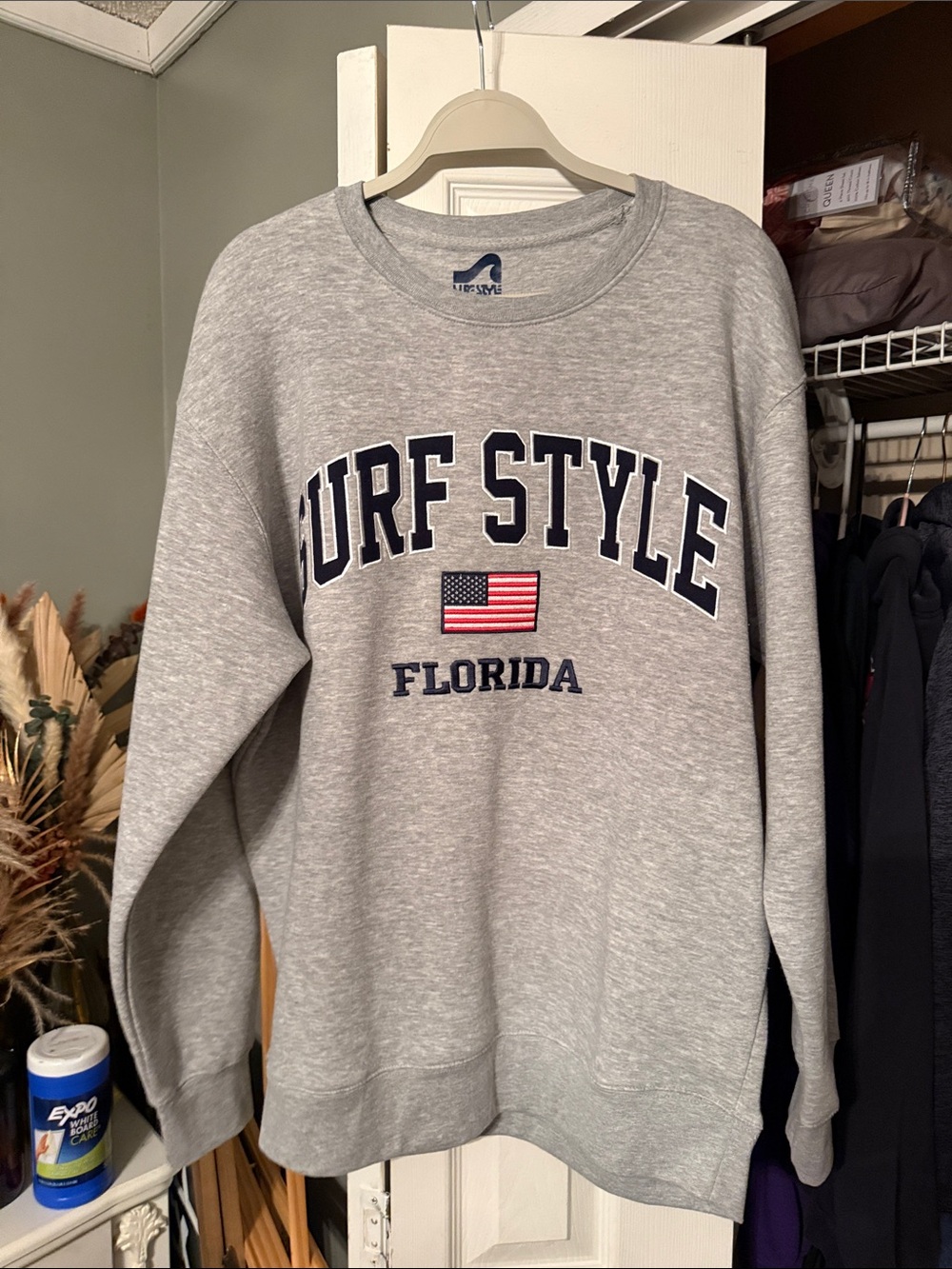 Surf Style Gray Crewneck Sweatshirt with Navy Logo and Flag